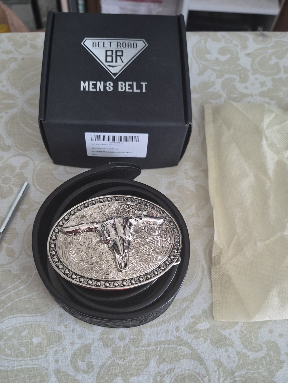 Belt Road Black Leather Belt with Silver Longhorn Buckle